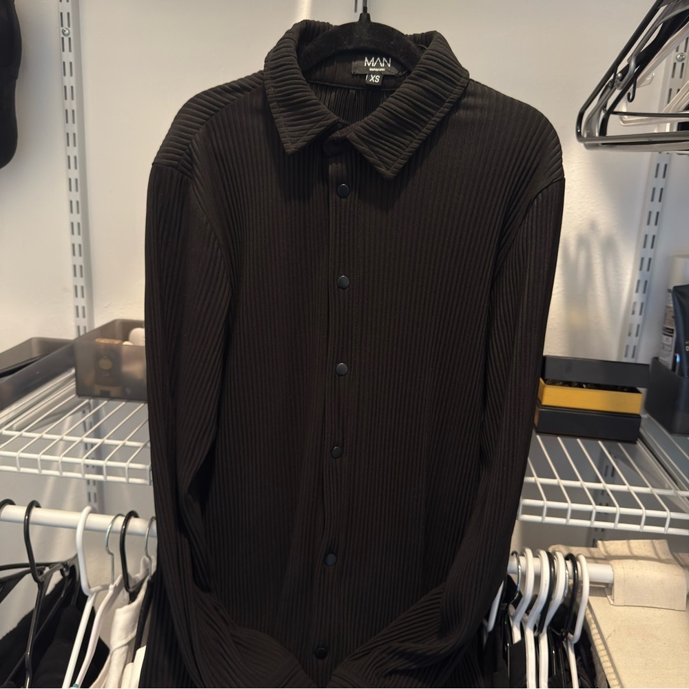 Boohoo Black Ribbed Casual Shirt